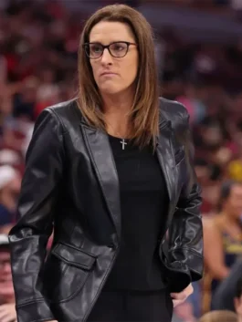 Close-up of the black real leather Stephanie White Indiana Fever Leather Blazer detailing the lapel collar and button closure.