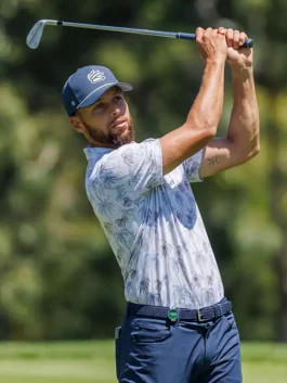 Stephen Curry ACC Palm Tree Polo Shirt showing the high-quality print detail, half cuffs, and classic collar.