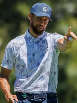 Close-up of the polyester fabric and half button design on the Stephen Curry ACC Palm Tree Polo Shirt.