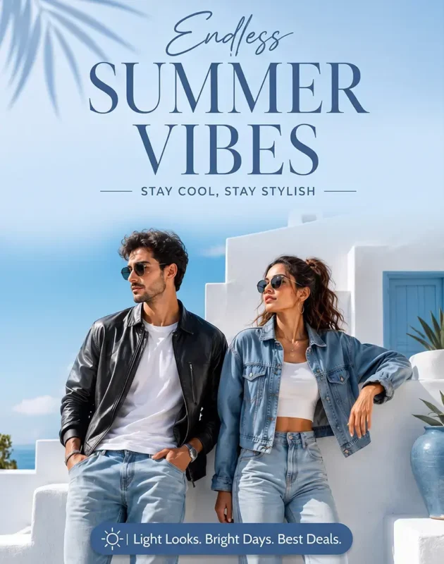 Vertical promotional banner for the J4jackets 2026 Summer Sale, showing a man in a black leather jacket and a woman in a cropped denim jacket posing against a sunny white Mediterranean villa under the heading "Endless Summer Vibes."