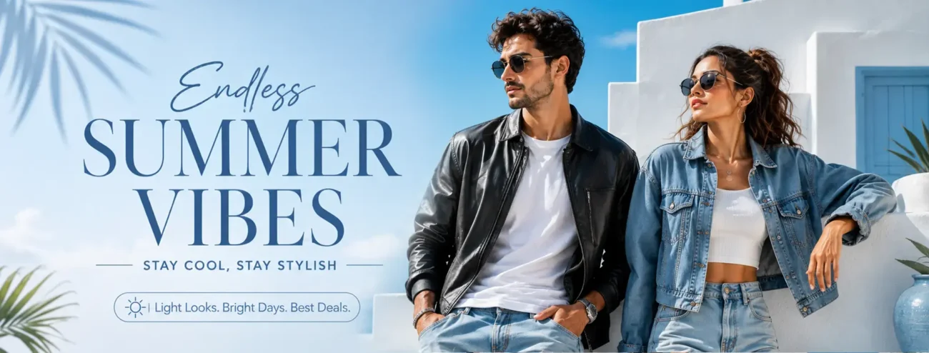 Wide-screen landscape homepage banner for J4jackets' 2026 Summer Sale, featuring a couple in lightweight leather and denim jackets against a coastal Mediterranean backdrop with "Endless Summer Vibes" text overlay on the left.