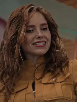 Mustard suede Summers Last Resort Sophia Bush Jacket featuring a stand up collar and front zipper closure.