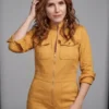 Full front profile of the mustard suede Summers Last Resort Sophia Bush Jacket highlighting three convenient utility pockets.