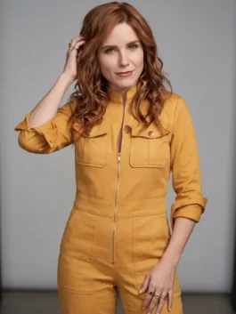 Full front profile of the mustard suede Summers Last Resort Sophia Bush Jacket highlighting three convenient utility pockets.