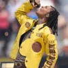 Detailed close-up view of the yellow real leather Swae Lee World Cup Final Flowerboy Jacket highlighting the premium hardware.