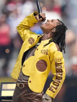 Detailed close-up view of the yellow real leather Swae Lee World Cup Final Flowerboy Jacket highlighting the premium hardware.