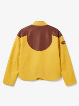 Back view of the yellow Swae Lee World Cup Final Flowerboy Jacket showcasing the clean leather tailoring and bright drape.