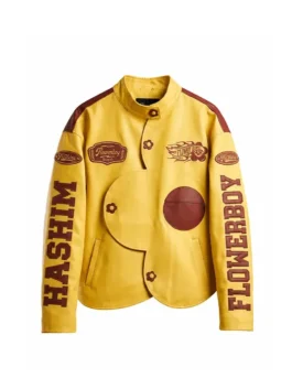Front view of the yellow leather Swae Lee Flowerboy Jacket highlighting the secure button closure and side pockets.