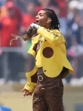 Full front profile view of a model wearing the bright yellow Swae Lee World Cup Final Flowerboy Jacket.