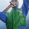 Green and blue Swizz Beatz World Peace Leather Jacket showing a classic shirt style collar and sturdy zipper.