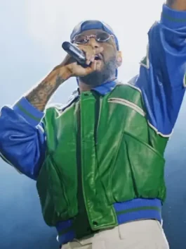Green and blue Swizz Beatz World Peace Leather Jacket showing a classic shirt style collar and sturdy zipper.
