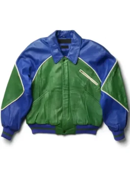 Front view of the green and blue Swizz Beatz World Peace Leather Jacket in real leather with a zip and snap closure.