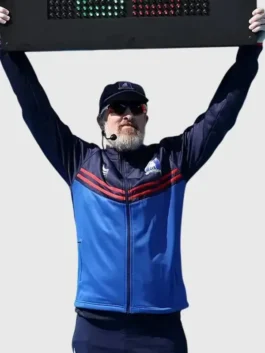 Front view of the blue Ted Lasso World Cup 2026 Final Tracksuit showcasing the full zipper jacket and two side trouser pockets.