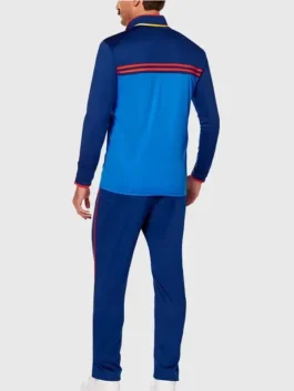 Back profile of the blue fleece Ted Lasso World Cup 2026 Final Tracksuit displaying clean tailoring and a smooth drape.