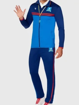 Full view of a model wearing the blue fleece Ted Lasso World Cup 2026 Final Tracksuit in an athletic setting.