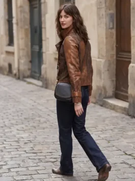 Distressed brown real leather The Bride Premiere Mia Regan Leather Jacket featuring a stand up collar and unique loop button closure.