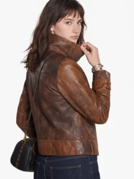 Rear profile view of the brown real leather The Bride Premiere Mia Regan Leather Jacket showing clean paneling and distressed finish.