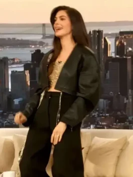 Front view of the black real leather Drew Barrymore Show Anne Hathaway Jacket showcasing full length sleeves and a cropped hemline.