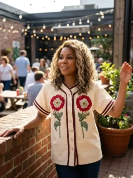 Full front profile of the white cotton The Five Star Weekend Regina Hall Floral Top highlighting the floral pattern and half length sleeves.