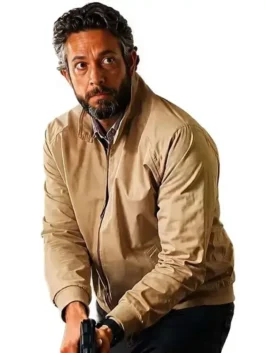 Beige cotton The Fix 2026 Zachary Levi Beige Jacket featuring a sleek stand up collar and front zipper closure.