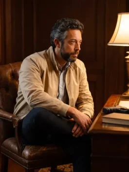 Full front profile of the beige cotton The Fix 2026 Zachary Levi Beige Jacket highlighting three spacious utility pockets.