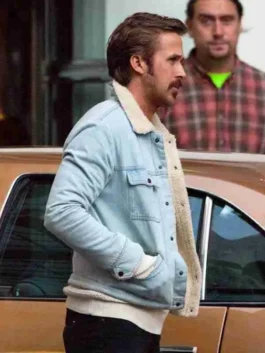Ryan Gosling Fur Jacket side view featuring premium suede construction, soft shearling collar, and vintage-inspired outerwear styling