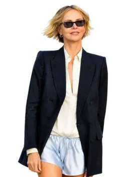 Front view of the black suiting fabric coat from The Odyssey 2026 Charlize Theron Blazer showcasing full sleeves and crisp seams.