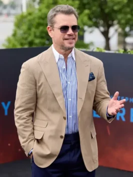 Front view of the beige cotton The Odyssey London Premier Matt Damon Blazer showcasing full sleeves and fine tailored seams.