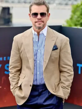 Close-up front profile of The Odyssey London Premier Matt Damon Blazer detailing the button closure and lapel collar.