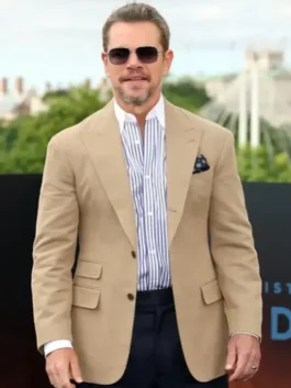 Full profile view of the beige cotton The Odyssey London Premier Matt Damon Blazer highlighting five spacious storage pockets.