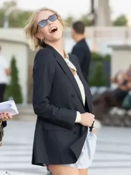 Close-up front profile of The Odyssey 2026 Charlize Theron Blazer highlighting the lapel collar and smooth interior lining.
