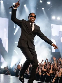 Front view of the black suiting fabric coat and pants from The Odyssey New York Premiere Travis Scott Suit.
