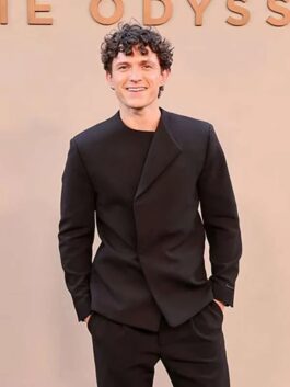 Front profile of the black suiting fabric jacket from The Odyssey New York Tom Holland Blazer showcasing full-length sleeves and crisp tailoring.
