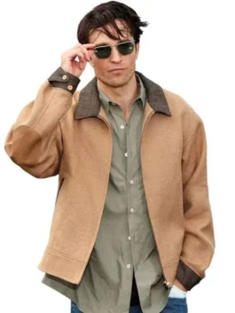 Close-up view of the tan Odyssey Premier Robert Pattinson Jacket highlighting the shirt collar and fine wool texture.