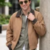Full front view of the tan wool Odyssey Premier Robert Pattinson Jacket detailing four spacious storage pockets.