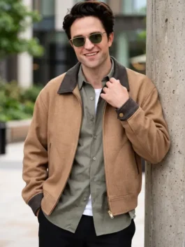 Full front view of the tan wool Odyssey Premier Robert Pattinson Jacket detailing four spacious storage pockets.