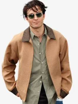 Tan wool Odyssey Premier Robert Pattinson Jacket featuring a shirt style collar and front zipper closure.