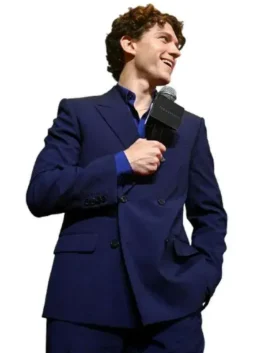 Front view of the blue Tom Holland The Odyssey Premiere Blazer highlighting the classic button closure.