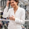 Full profile view of the white satin The Odyssey Premiere Zendaya Satin Blazer highlighting its four storage pockets and smooth drape.