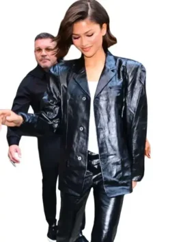 Front view of the black real leather The Odyssey Press Tour Zendaya Leather Blazer highlighting the single-breasted button front.