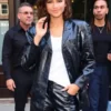 Full front profile of the black leather The Odyssey Press Tour Zendaya Leather Blazer showcasing five utility pockets.