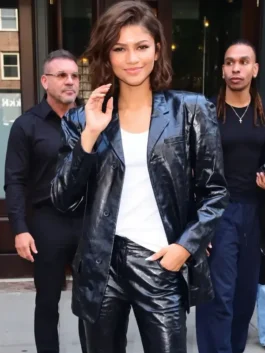 Full front profile of the black leather The Odyssey Press Tour Zendaya Leather Blazer showcasing five utility pockets.