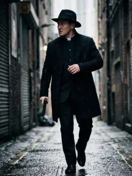Full-length profile view of the black wool Josh Stewart The Punisher Black Coat showing its long silhouette and full sleeves.