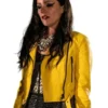 Close-up of the yellow real leather The Royals Alexandra Park Yellow Jacket showcasing the lapel collar and rich leather finish.