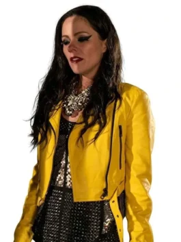 Close-up of the yellow real leather The Royals Alexandra Park Yellow Jacket showcasing the lapel collar and rich leather finish.