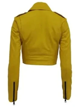 Back view of the yellow real leather The Royals Alexandra Park Yellow Jacket showing full length sleeves and cropped fit.