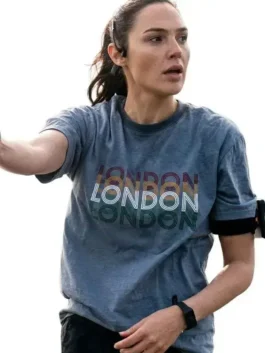 Grey polyester The Runner Gal Gadot London T-Shirt featuring a round neck collar and pullover style.