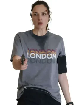 Front view of the grey The Runner Gal Gadot London T-Shirt highlighting half length sleeves and round neckline.
