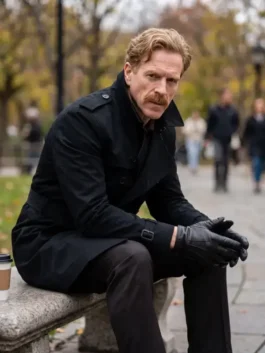 Sleek black cotton fabric The Runner Damian Lewis Black Coat featuring a classic lapel collar and belted button front.