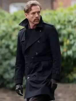 Close-up front profile of the black cotton The Runner Damian Lewis Black Coat detailing the lapel collar and waist belt.